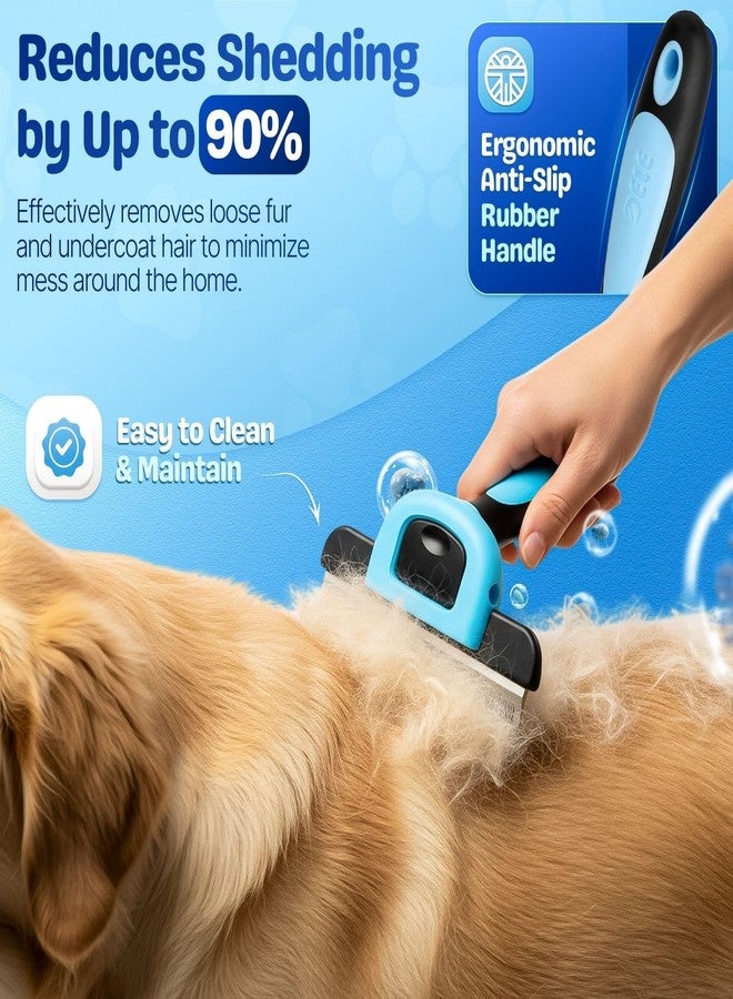 Flexzion Deshedding Dog Brush for Short Haired Dogs & Cats - Stainless Steel Dog Brush for Shedding Short Hair Pets Small, Medium, & Large - Professional Pet Grooming Comb Tool w/Safety Blade, Blue - Image 3